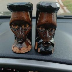 Vintage Jamaican Folk Art Hand Carved Wood Statues Tikis Signed