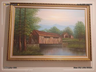 Framed Oil Painting Covered Bridge Landscape