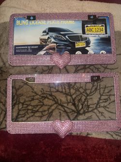Pink Bling License Plate Frames With Heart Emblem