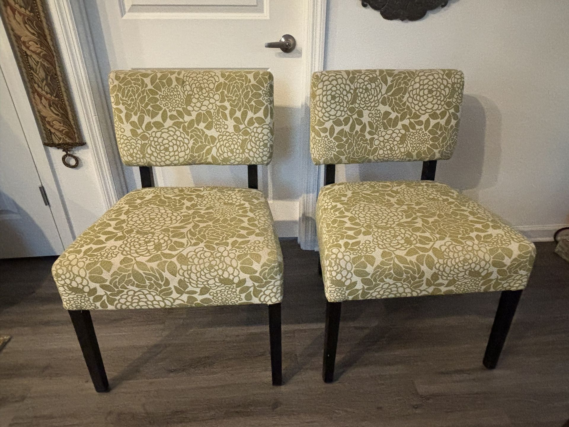 Chairs, Set Of 2, Vintage/Retro, Green/Beige Fabric, Wood Legs/Accents