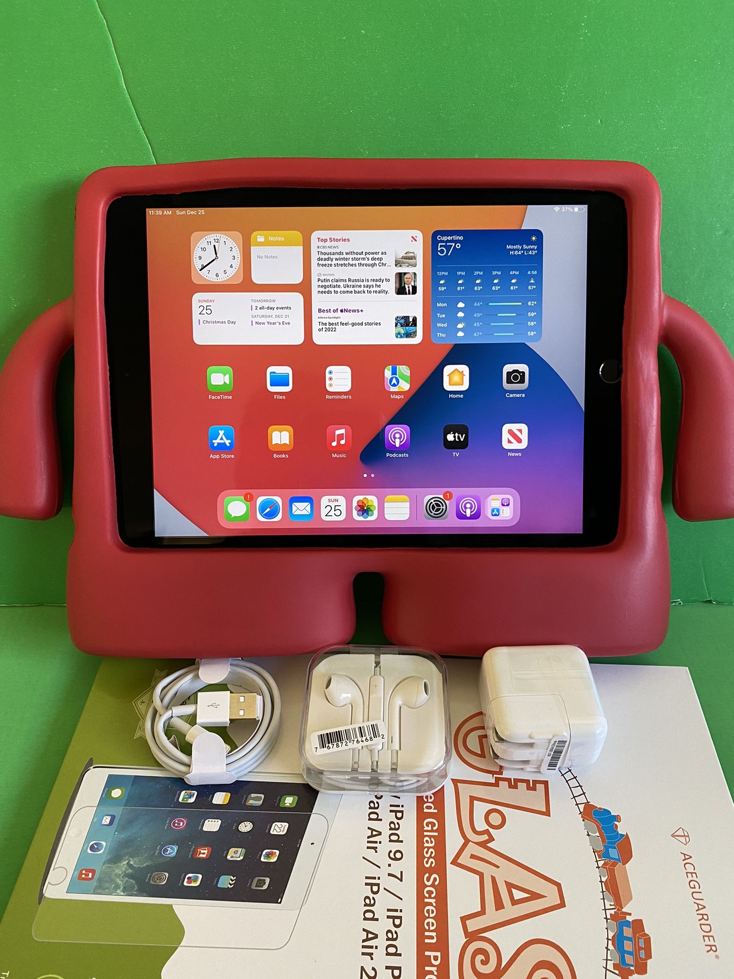 64GB / 32GB / 16GB Apple IPad Air 2 (9.7” Retina / Touch ID / iOS 15) with kids case glass & Accessories (Thinnest ipad ever)