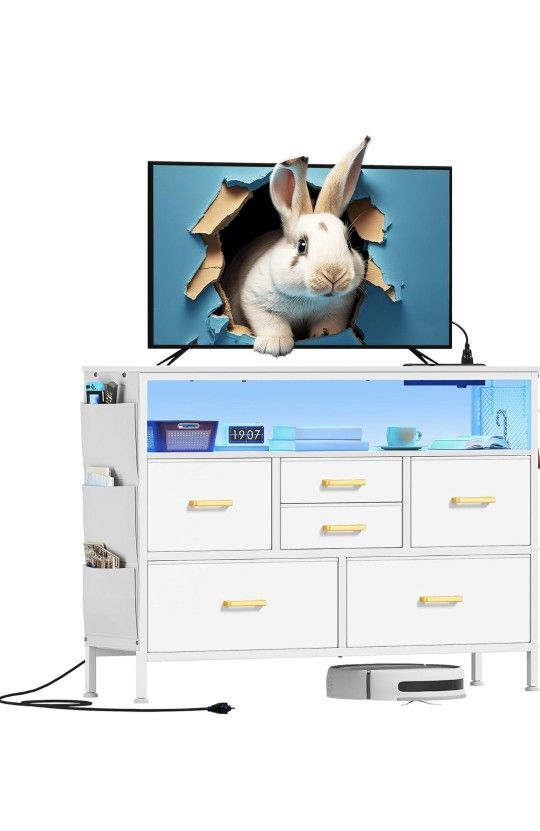 Brand New TV Stand/Dresser Combo – LED Lights & Charging Station