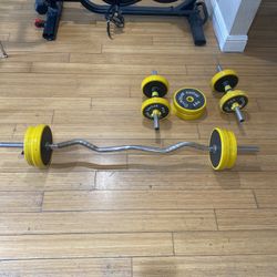 adjustable Weights dumbbell and barset featuring yellow rubber-coated plates and