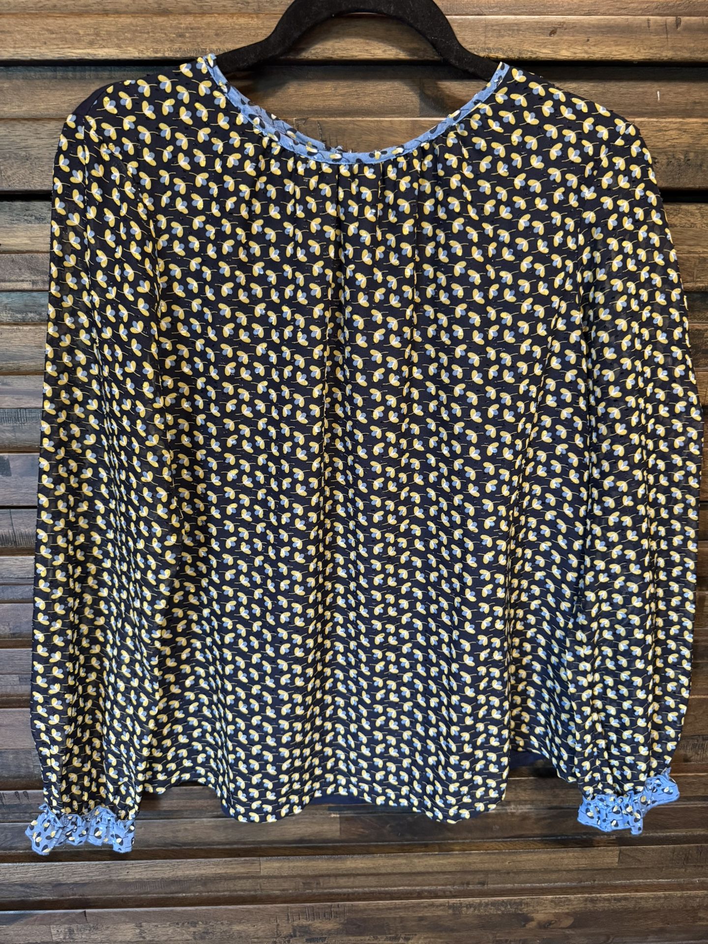 Boden Floral Blouse Top Womens Size 6 Navy Yellow Sheer Sleeves Ruffle