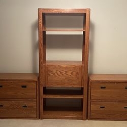 Oak Bookshelf w/ Drop down Desk and File Cabinets