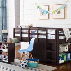 Brown Twin Size Loft Bed: 3 Drawers, Desk, And Shelves…owner is the seller