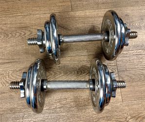 Adjustable Spin-lock Cast Iron Chromed Dumbbells w/ pairs of 5s a d 3s pounders. Total:42 lbs