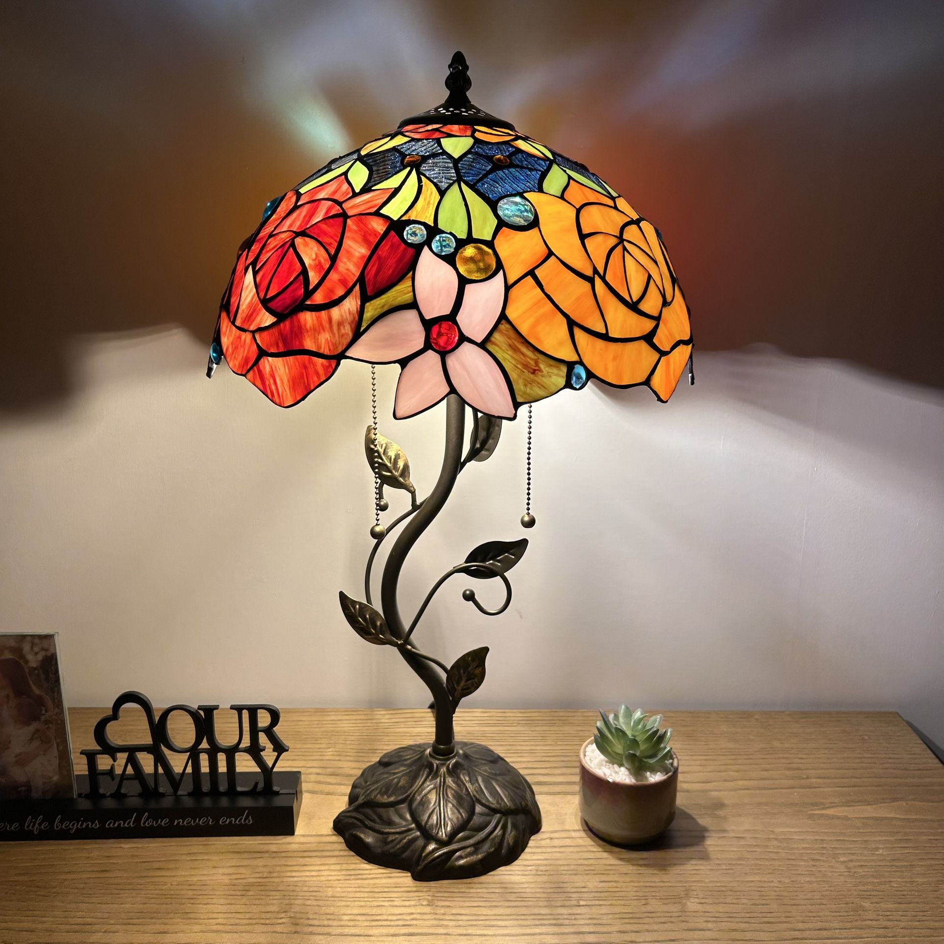 Tiffany Style Table Lamp Stained Glass Rose Flowers 24”H