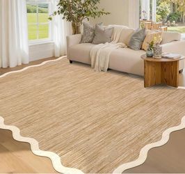 New 8x10 Scalloped Large Washable Area Rug, Light Brown