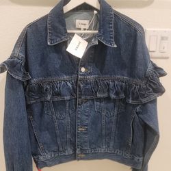 Womens Ruffle Denim Jacket By Luxury Designer FRAME 