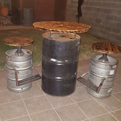 55 Gallon Pub Table And 2 Keg Stools 