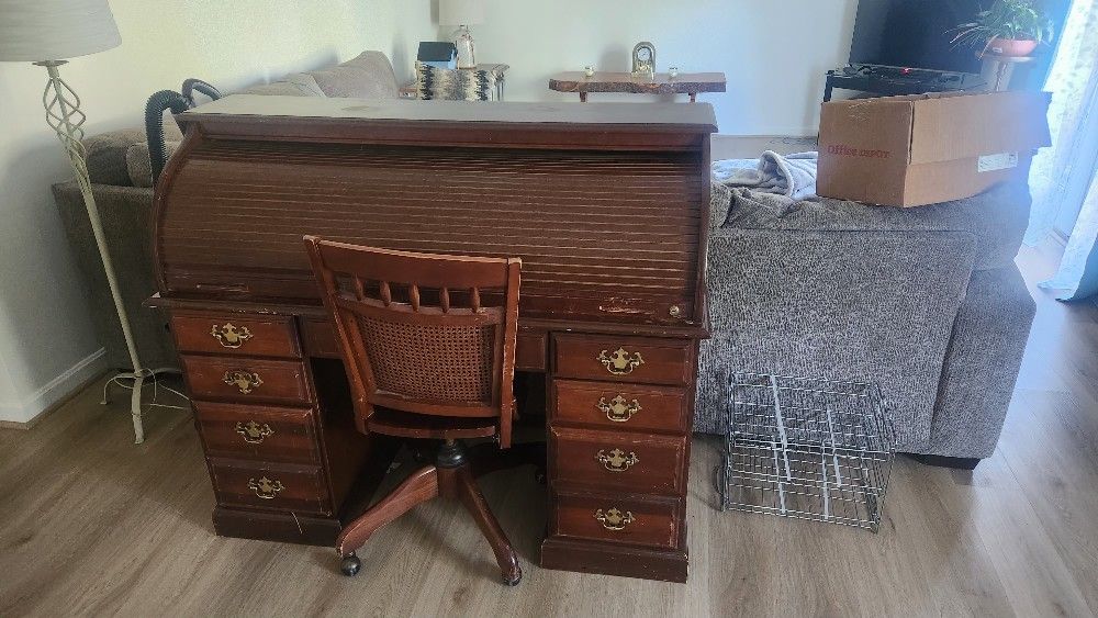 ROLL TOP DESK And Chair NEEDS SOME LOVE
