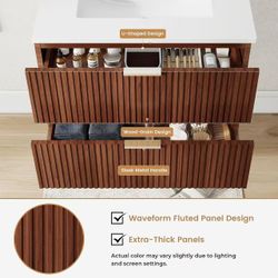 30-inch floating bathroom vanity with sink, wall-mounted, made of oak. Integrated ceramic sink.