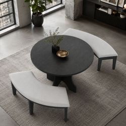 Set of 2 - 53" Gray Curved Dining Benches w/ Light Gray Cushions [NEW]  **Assembly Req  [BENCHES ONLY / TABLE SOLD SEPARATELY]