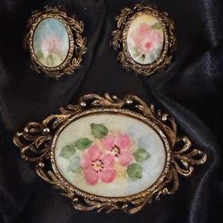 Hand Painted Porcelain Vintage Brooch And Matching Earrings