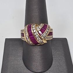 Beautiful 14K Yellow Gold Ladies Red Stone & Diamond Ring 💍 48 diamonds 1.04 Carat T.W. 9.7g - Size 8.5 (#25197) 