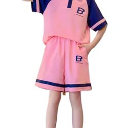 13-14y Girls Summer Sports Two-Piece Fashion Printing Short Sleeve Shorts Girls Casual Loose Suit