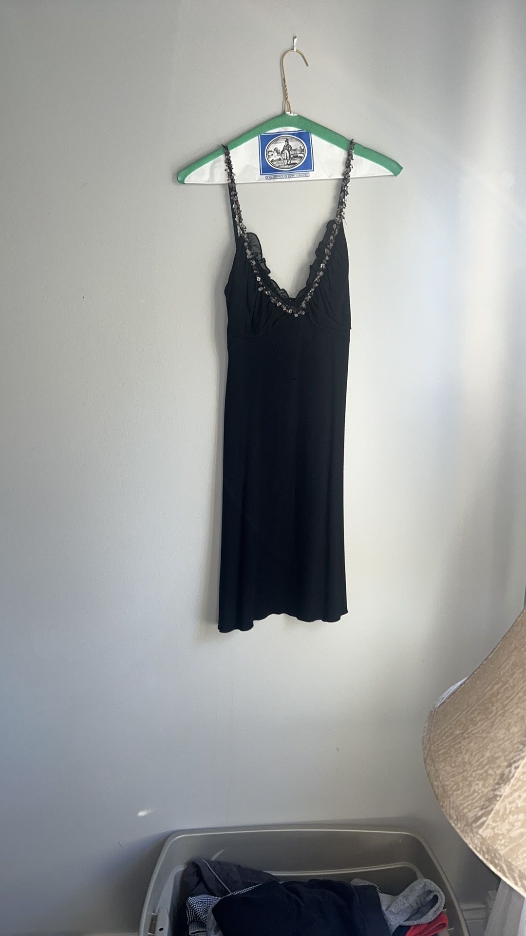 guess jeans authentic black extra small tank dress with brown and clear beading around neckline. Size XS. Tiny snag on back. Some beads are a lil loos
