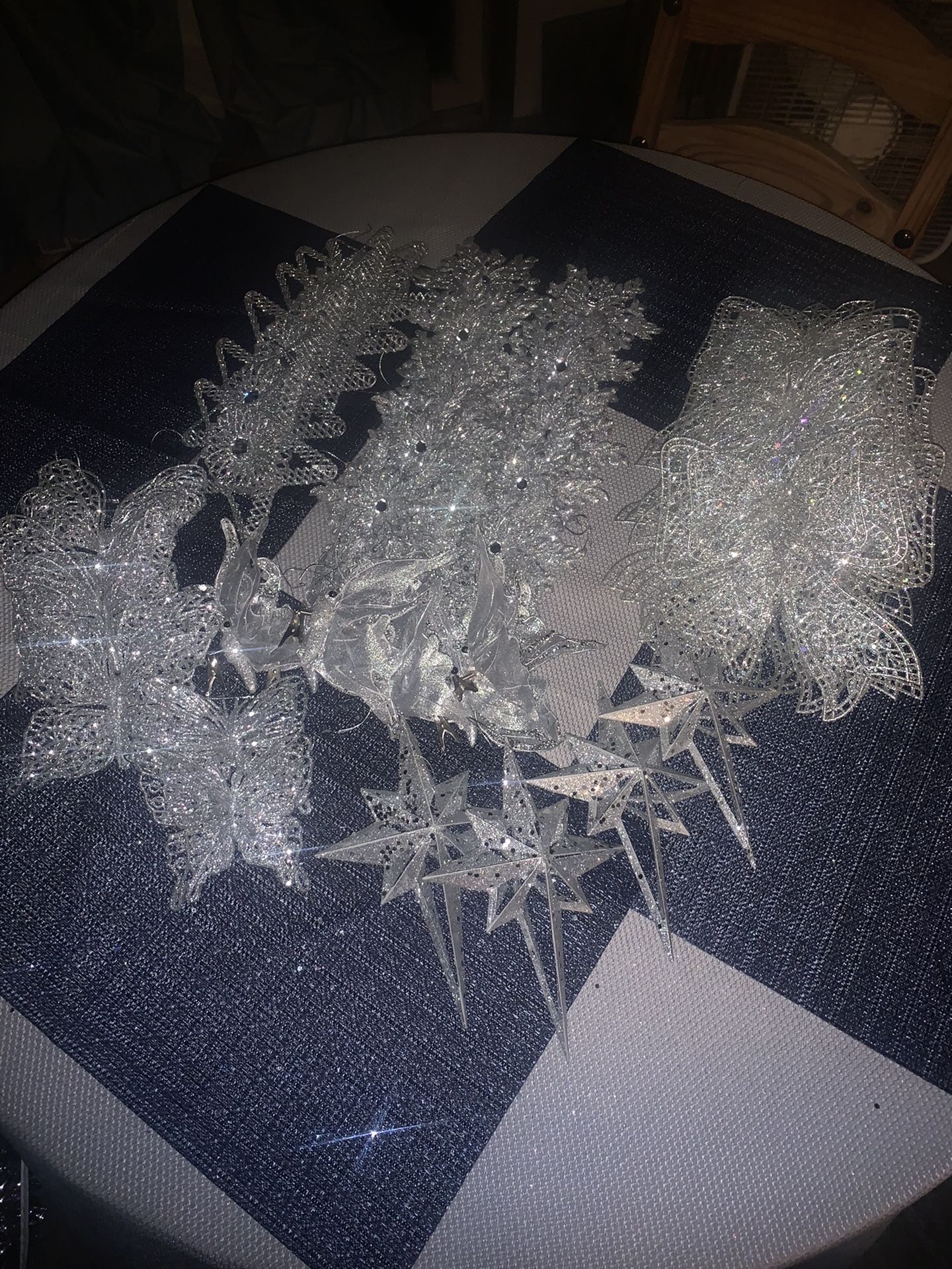45 ASSORTED SILVER CHRISTMAS DECORATIONS