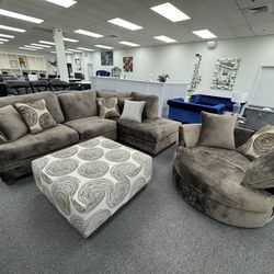 L Shaped Sectional With 4 Patterned Toss Cushions, Ottoman And Swivel Chair On Promotion, Made In USA, 5 Year Warranty Included