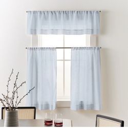 Better Homes & Gardens Linen Blend Light Filtering Rod Pocket Kitchen Curtain & Valance, Blue Water, 60”x36”