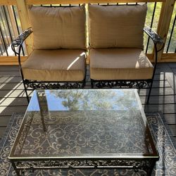 Antique Vintage Wrought Iron Garden Patio Porch Set Loveseat Armchairs with Glass top Coffee table 