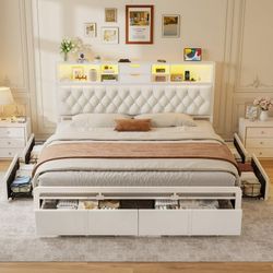 King Size Bed Frame with 6 Storage Drawers and Headboard, Velvet Upholstered King Platform Bed with LED Lights & Charging Station, No Noise, No Box Sp
