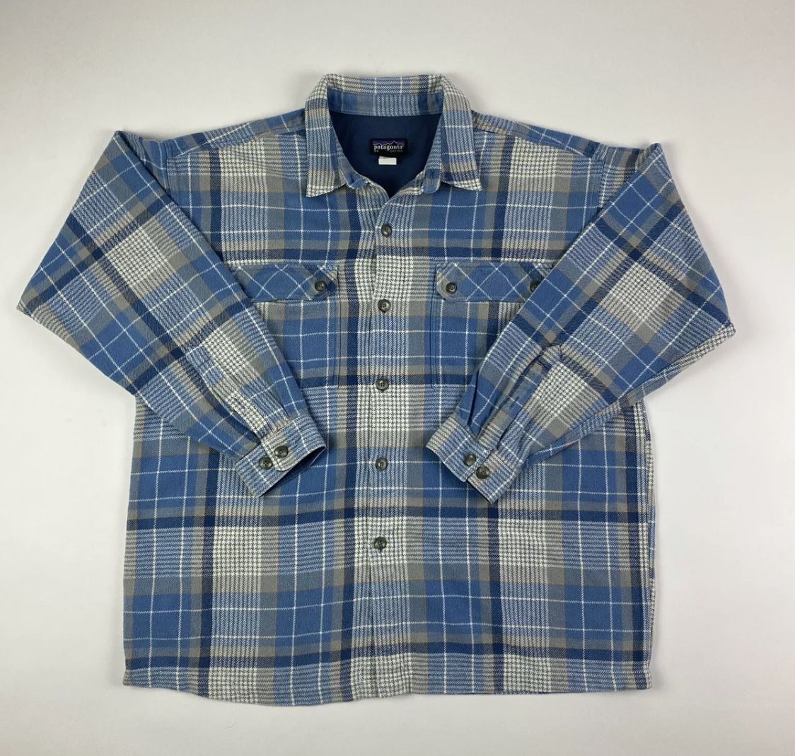 Patagonia Mens Large Organic Cotton Blue Flannel Button Down Jacket Shirt