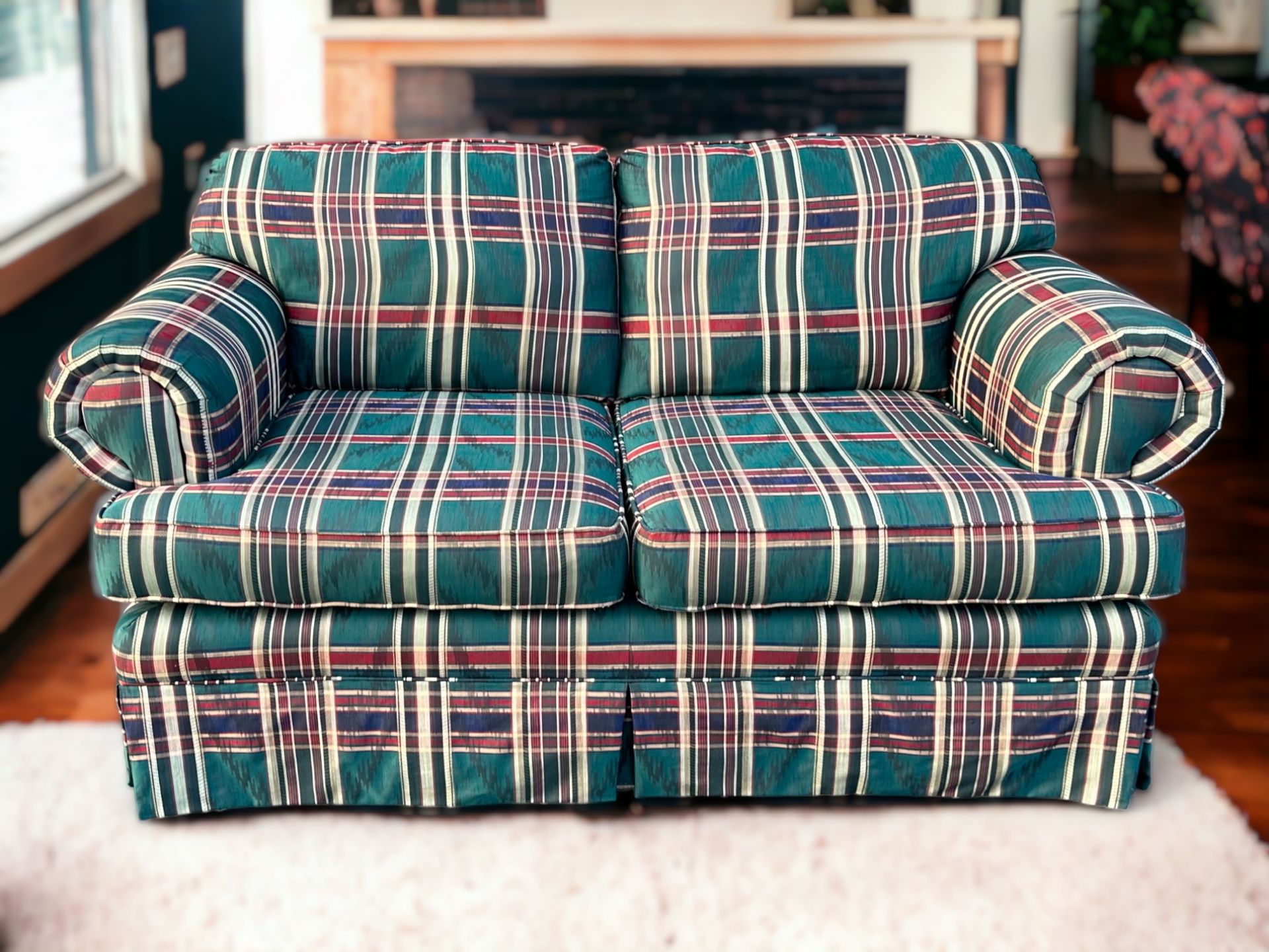 Hickory Hill Plaid Fabric Loveseat w/ Padded Rolled Armrests
