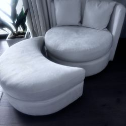White Velvet Swivel Chair And Ottoman  