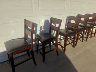 Set of 7 Wooden Bar Stools – Black Leather Seats – $300 OBO