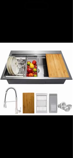 Handmade All-in-One Top mount Stainless Steel 33 in. x 22 in. Single Bowl Kitchen Sink w/ Spring Neck Faucet, Accessory