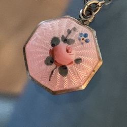 Vintage Enamel Pink Flower / Fruit Sterling Pendant  Necklace 