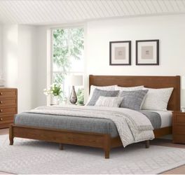 Yolo Brown Walnut Solid Red Oak Wood Frame King Size Platform Bed Frame with Headboard Wooden Slat Support