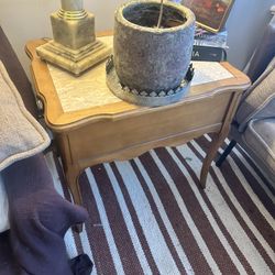pretty marbled wooden elizabethan style side table, two drawers, pinkish stone