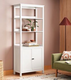 72" Bookcase Traditional With Three Open Shelves and Cabinet Classic White