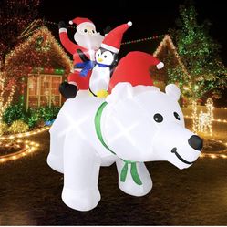 6 FT Christmas Inflatables Polar Bear, Christmas Decorations Outdoor Yard, Blow Up Santa & Penguins on Polar Bear with LED Lights, Christmas In