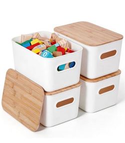 White Storage Bins with Bamboo Lids – Set of 4