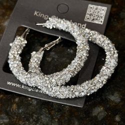 New King Claw Land Sparkly Silver Rhinestone Hoop Earrings