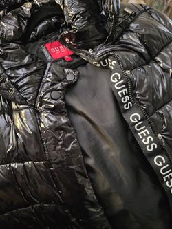 Glossy black Guess hooded puffer jacket