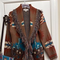 Western Style Sweater/ Jacket  & Matching Leather Fringed Shoulder Purse