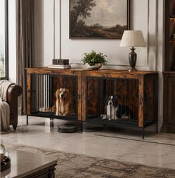 78.7" Double Dog Crate Furniture Extra Large Indoor Dog Kennel with Removable Divider, 4 Doors, Raised Legs ,Brown