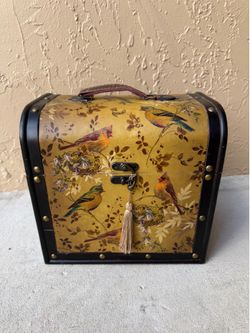 vintage decoupage wooden box purse featuring a bird and foliage motif