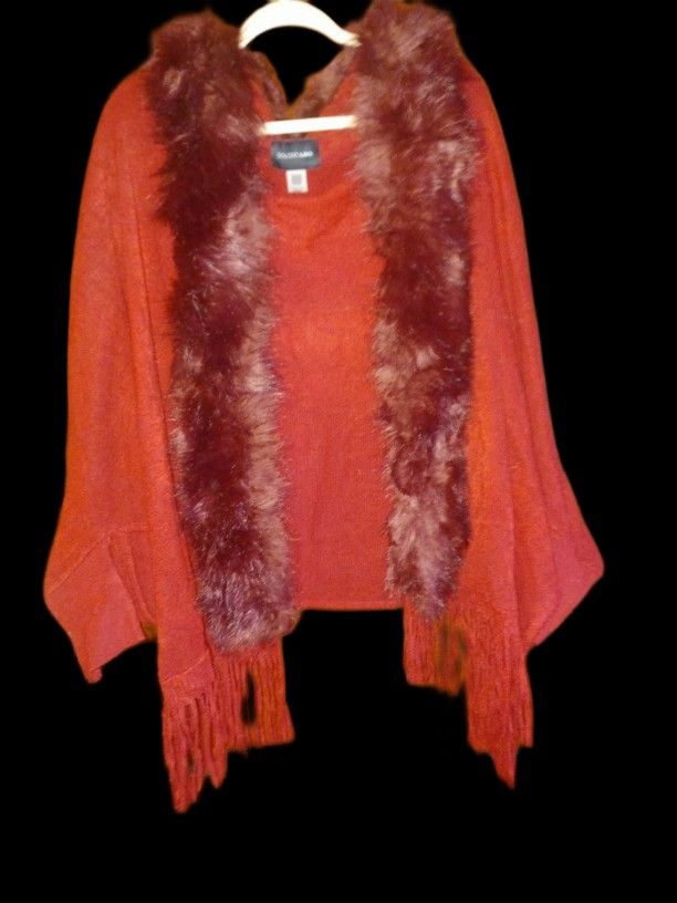 Elegant Shawl Sweater W/Fur Trim