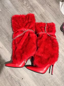 Size 7 red furry boot heels