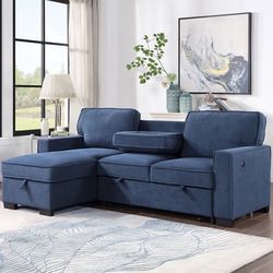 CONVERTIBLE sleeper SOFA bed CHAISE WITH STORAGE OTTOMAN