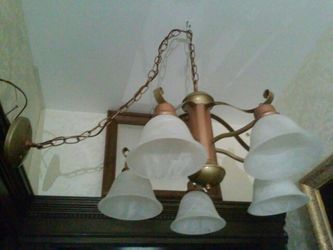 Completely refurbished and rewired hammered brass and copper finish ceiling Chandelier with 6 1/4inch teaglass globes
