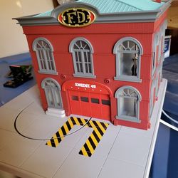 Electric Train  2 Sets With Tracks On Wood Board Fire House