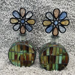 Decorative Glass Bottle With a Mosaic Design Flower Shaped Stopper Set Of 2