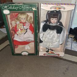 2 Genuine Porcelain Dolls New From 90s. NIB Antique Collection 